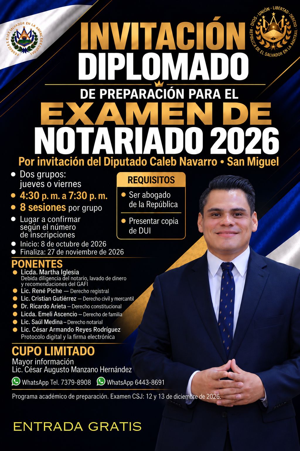 Caleb Navarro invita al Diplomado gratuito de Preparación para el Examen de Notariado 2026 en San Miguel.