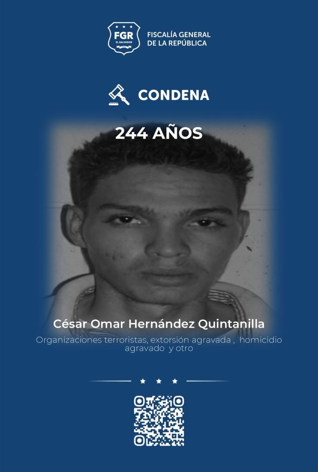 Jonathan Steven Reyes Rivera, miembro de la MS-13, condenado a 880 años de prisión por homicidios, extorsiones y otros delitos en San Miguel.