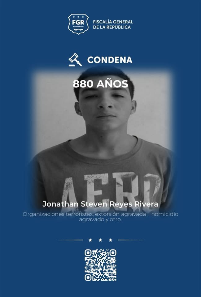 Jonathan Steven Reyes Rivera, miembro de la MS-13, condenado a 880 años de prisión por homicidios, extorsiones y otros delitos en San Miguel.