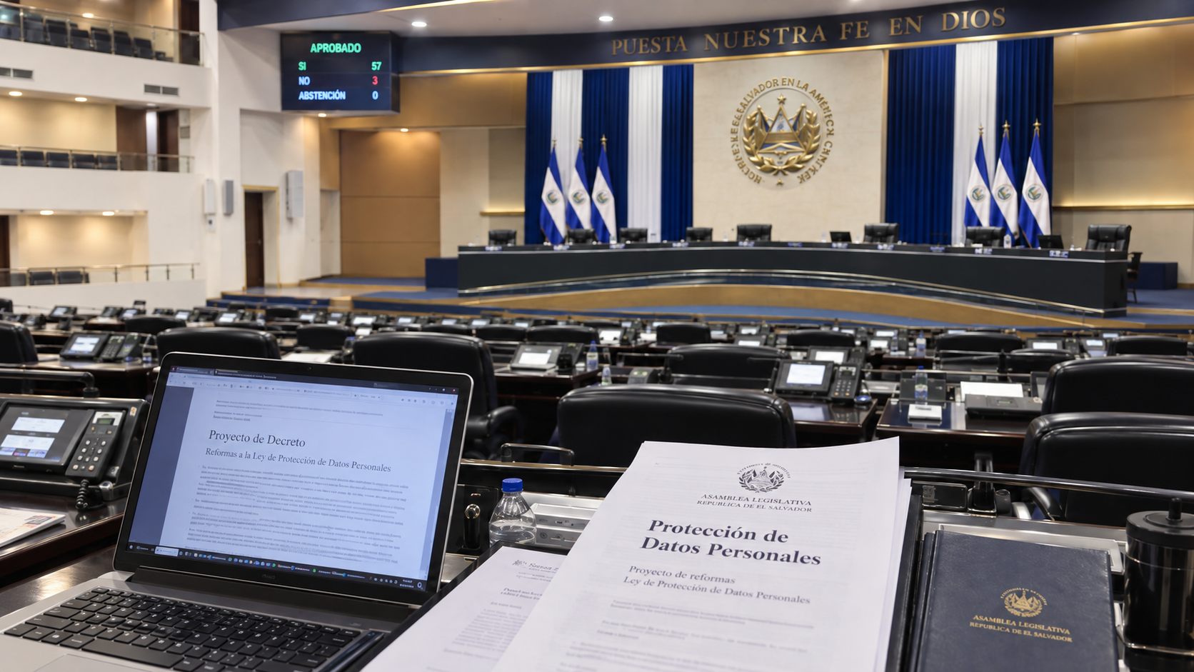 Sesión Plenaria de la Asamblea Legislativa durante la aprobación de reformas a la Ley para la Protección de Datos Personales en El Salvador.